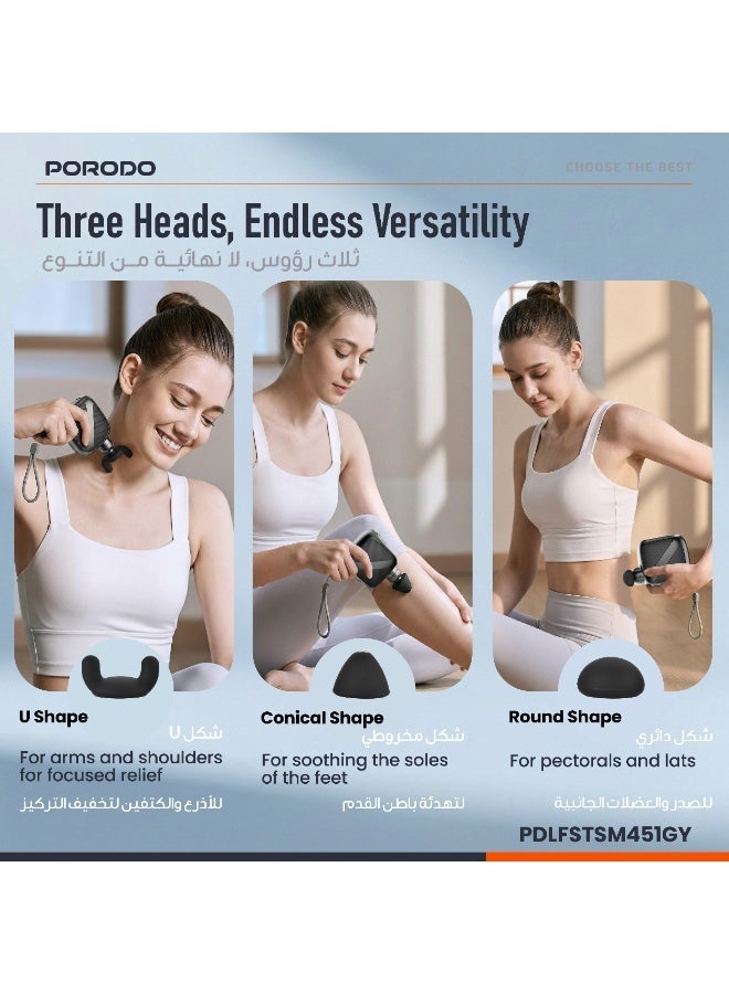 porodo Lifestyle Pocket Sized Muscle Relief Massager, Portable Pain Relief Massager with 3x Massage Heads / Up to 3200RPM Motor Speed / Timer Function / 4x Adjustable Speed Settings / USB-C Charging / Ergonomic Grip Design - Gray - Image 3